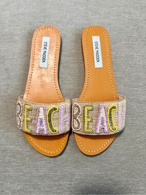 Steve Madden Tan Slide Sandals with Yellow & Purple Beaded 'BEACH' Strap